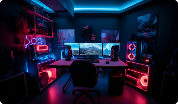 A gaming desk sits in an LED-lit room. This setup represents the new training facility that accompanies the Esports Olympics